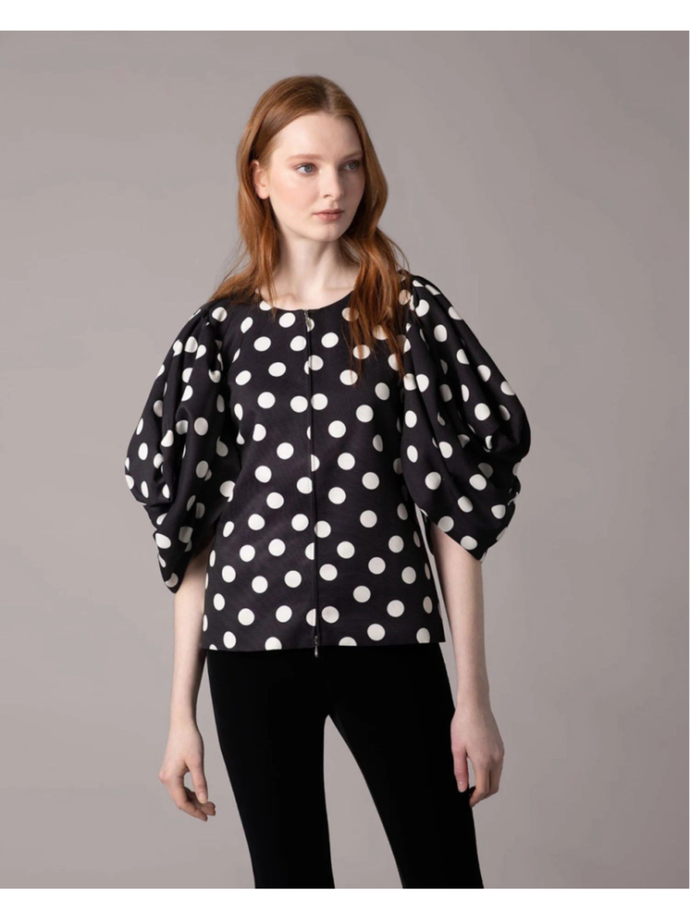 Anne Fontaine 42/10 Polka Evening Jacket Pleated Puff Sleeve DBL Zipper Blouse
